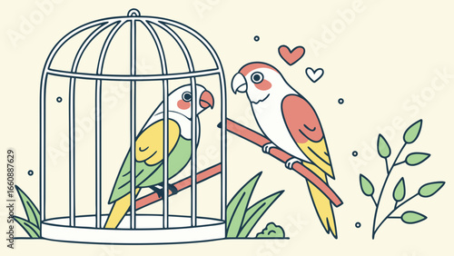 Lovebirds perched outside a birdcage with one inside, symbolizing love and freedom.