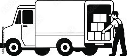 Delivery driver loading boxes into the back of a moving truck