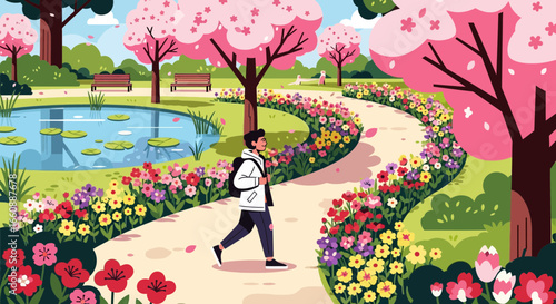 A young person strolls through a spring park filled with colorful flowers and cherry blossoms.