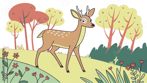 Cartoon deer walking in a colorful forest with flowers and trees.