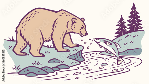 Bear catching salmon in a river surrounded by trees and rocks.