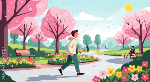 A man strolls through a vibrant park adorned with blossoming cherry trees and sunshine.