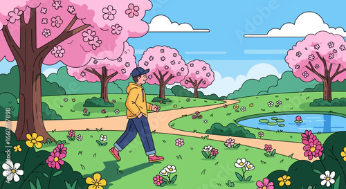 Man strolls through a vibrant spring park, cherry blossoms blooming, sunny day.