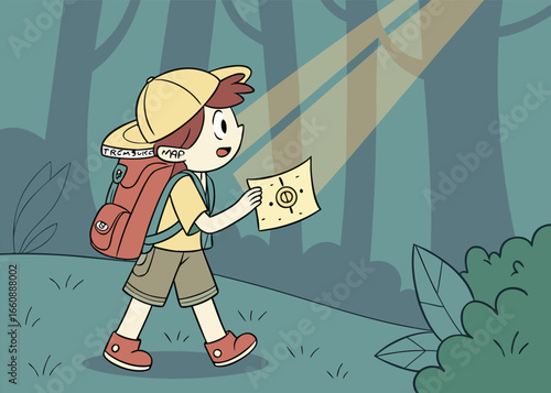 Vector illustration of a young boy exploring the forest with a backpack and map.
