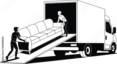 Movers loading a sofa onto a delivery truck using a ramp