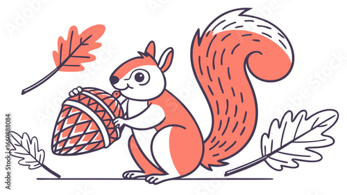 Cartoon squirrel holding acorn surrounded by leaves.