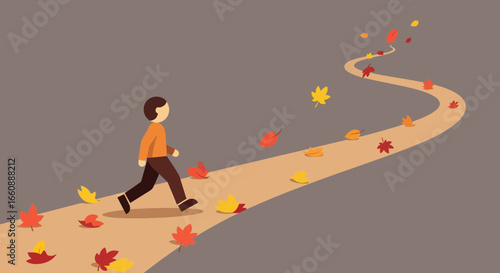 A person walks a winding autumn path strewn with colorful leaves.