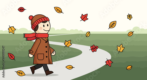 Cartoon boy walking on a path in autumn, leaves swirling around him.