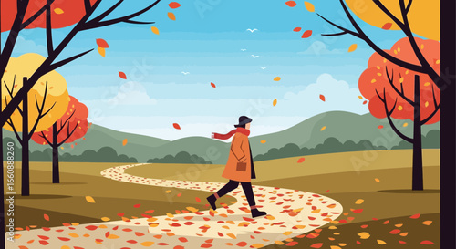 Woman strolls autumn path, colorful leaves falling, scenic landscape.