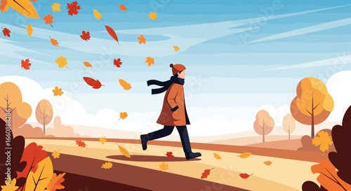 Autumnal scene of a person walking through a park with falling leaves.