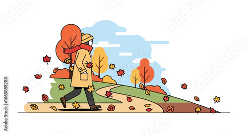 Person strolling autumn path, leaves falling, crisp air, cozy coat.