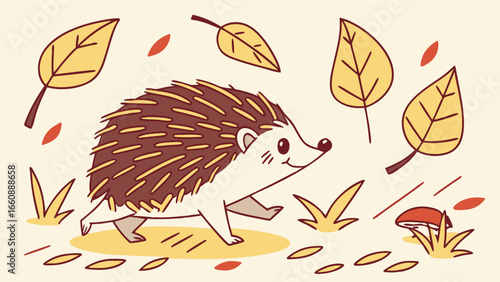A cartoon hedgehog walking through autumn leaves with a mushroom.