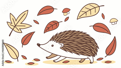 A cartoon hedgehog walking through fallen autumn leaves.
