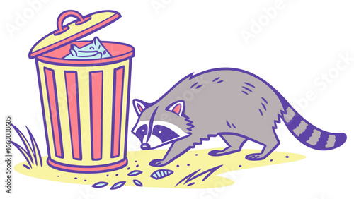 Raccoon rummaging through a colorful trash can outdoors.
