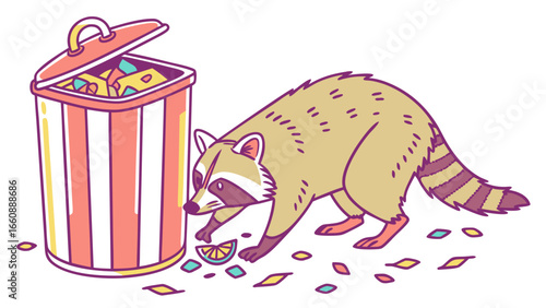 Raccoon rummaging through a trash can filled with candy.