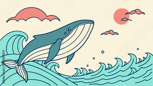 Illustration of a whale breaching the ocean surface with waves and sun.