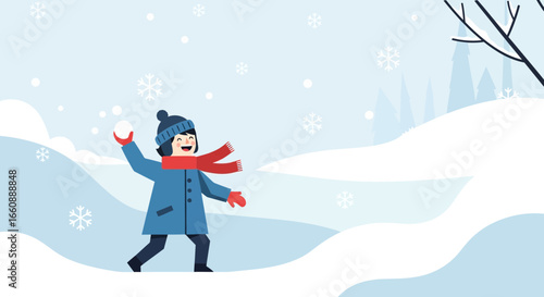 A young girl in winter clothing throws a snowball in a snowy landscape with trees and falling snowflakes.
