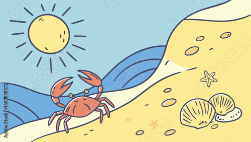 Cartoon crab on sandy beach with seashells and ocean waves.