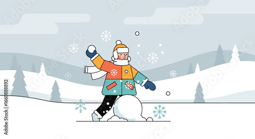 A child throws a snowball in a snowy winter landscape, enjoying a fun winter activity.