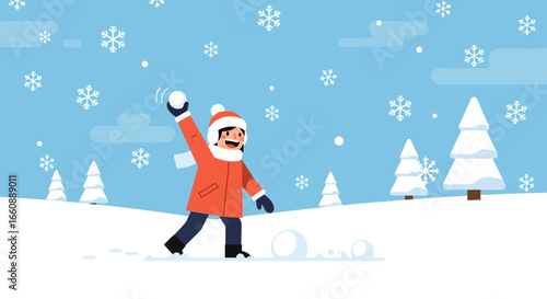 Joyful child playing in snowy landscape, throwing a snowball, winter fun.