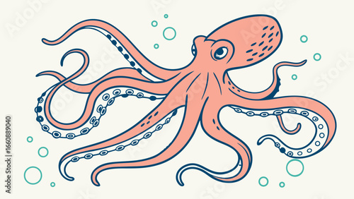 Vibrant orange octopus illustration with tentacles and suckers.