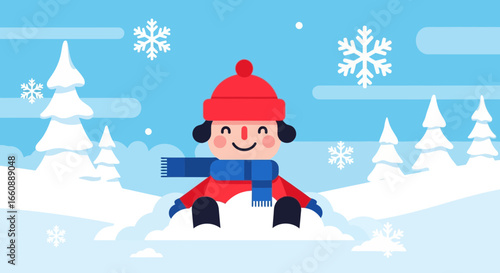 Cartoon illustration of a child in winter clothes sitting in snow with snowflakes falling, surrounded by snowy trees and a blue sky.