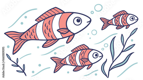 Three orange fish swimming in the ocean with seaweed.