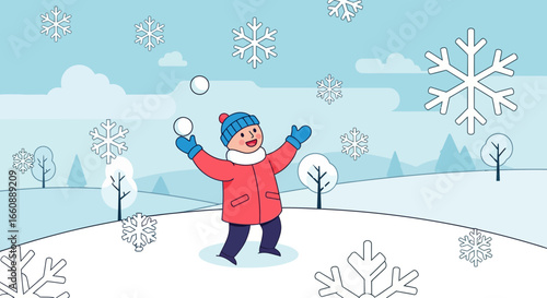 A child joyfully juggling snowballs in a snowy winter landscape, amidst falling snowflakes.