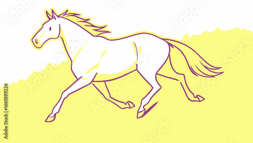 Simple line drawing of a white horse running in a field.