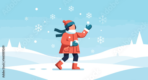 A girl in winter attire throws a snowball on a snowy landscape.