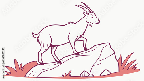 Simple line drawing of a goat standing on a rocky outcrop with grass.