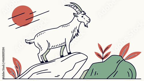 Simple line art illustration of a goat standing on a rocky outcrop.