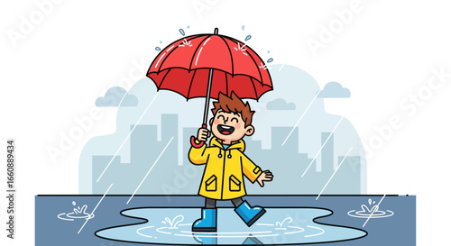 Cartoon illustration of a happy child in a yellow raincoat and blue boots splashing in a puddle under a red umbrella during a rainy day.