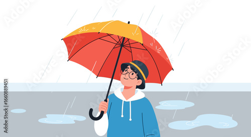 A person with glasses looks up while holding a colorful umbrella in the rain.