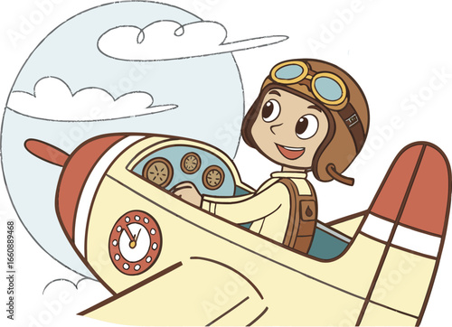 Cartoon vector illustration of a happy little pilot flying an airplane in the sky. Aviation, adventure, travel, freedom, and childhood dream concept.