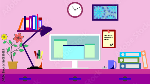 Modern Home Office Workspace, Digital Workspace and Study Desk, Organized Desktop Illustration