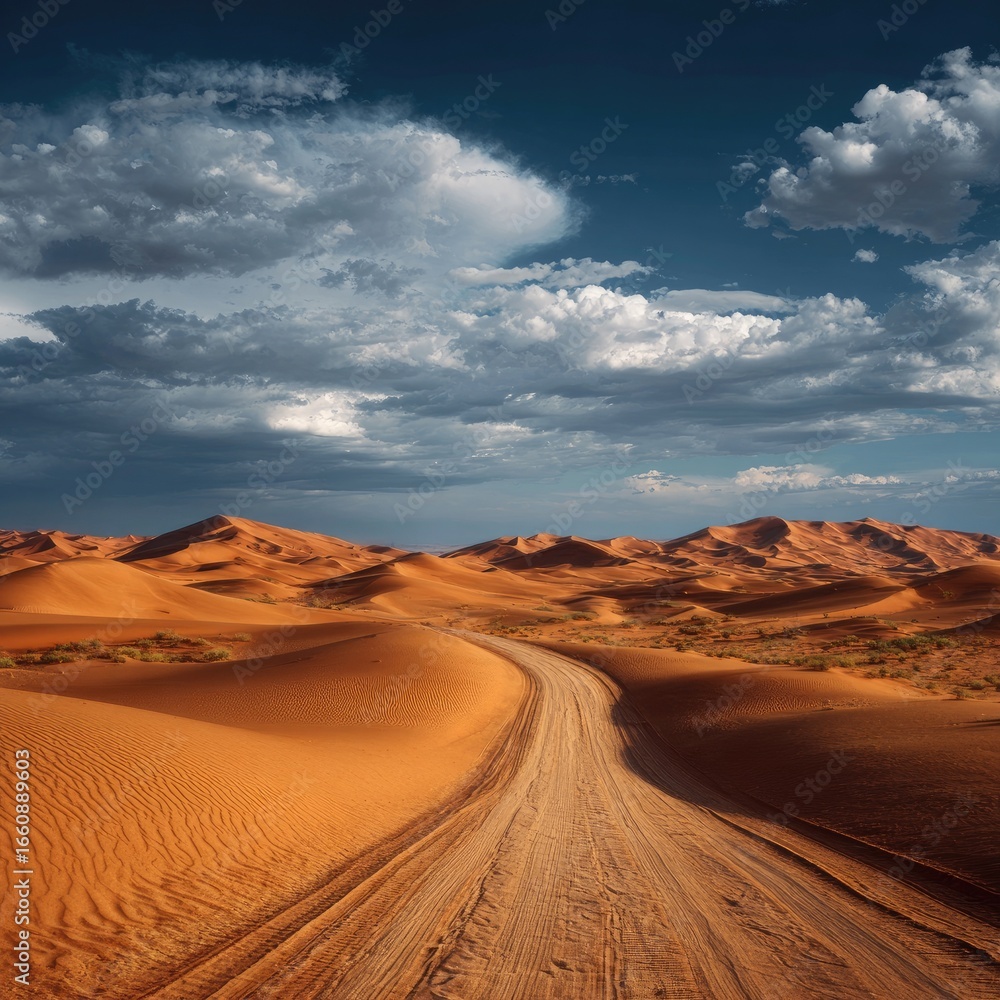 Naklejka premium A sun-drenched desert road winds through dunes under a dramatic sky