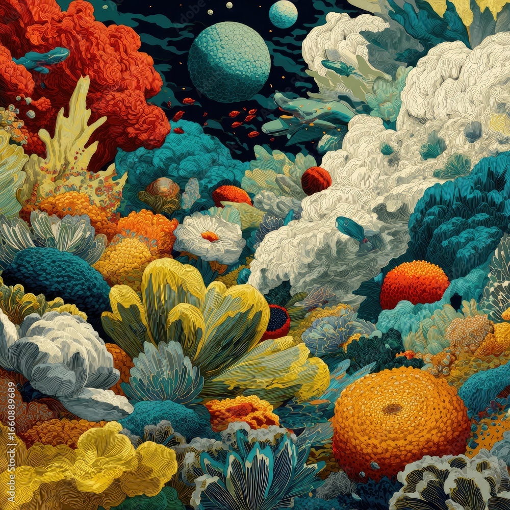 Naklejka premium Vibrant, otherworldly coral reef scene with planets