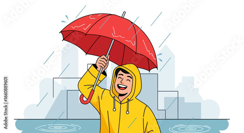 A cheerful person in a yellow raincoat smiles under a red umbrella during a rainy day in the city.