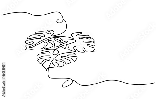 Minimalist monstera leaf continuous one line drawing in outline style, perfect for modern design and decoration