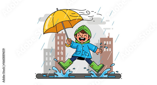 A cheerful child in a blue raincoat and green boots jumps in a puddle under a yellow umbrella during a rainy day in the city.