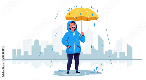 Smiling person under a yellow umbrella in the rain, city background.