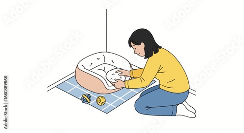 Woman assembling a dog bed on the floor, arranging soft cushions and toys.
