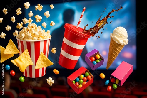 Popcorn Chips Candy and Soda Drinks in Colorful Boxes on Dark Background