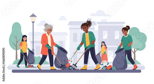A diverse group of people collecting trash and cleaning up a street, promoting community effort.
