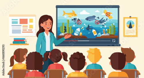 Teacher presenting a video about ocean pollution to a classroom of attentive students.