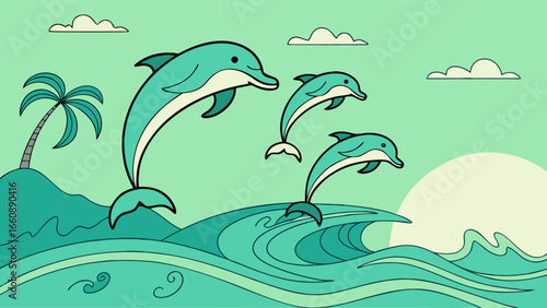 Dolphins jumping out of the ocean waves in a serene sea landscape.