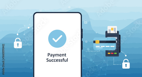 Animated illustration showing a successful mobile payment transaction with a credit card and POS.