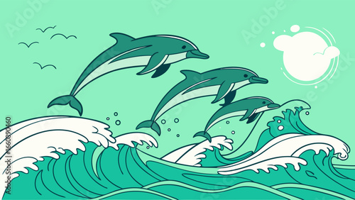 Dolphins jumping out of ocean waves in a vibrant teal illustration.