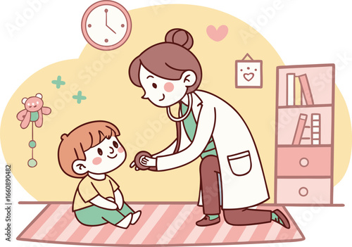 Vector cartoon illustration of a pediatrician examining a child with a stethoscope in a clinic, 